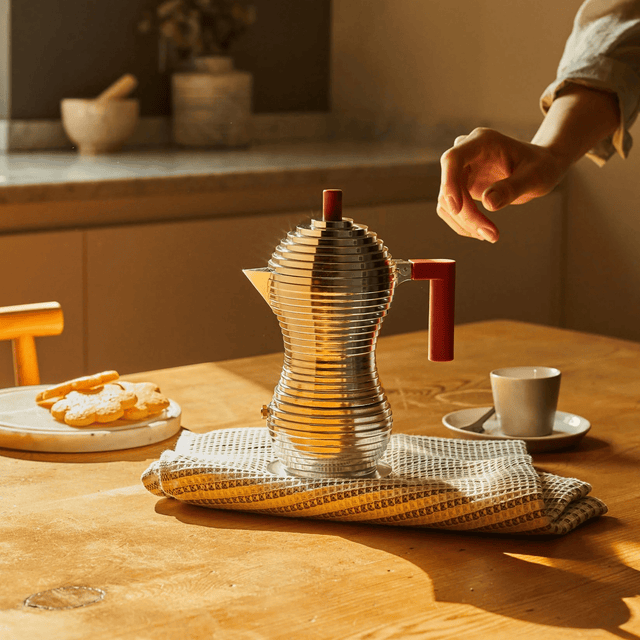 Alessi Pulcina Espressokocher Chrom/Rot mit rotem Griff und Knopf