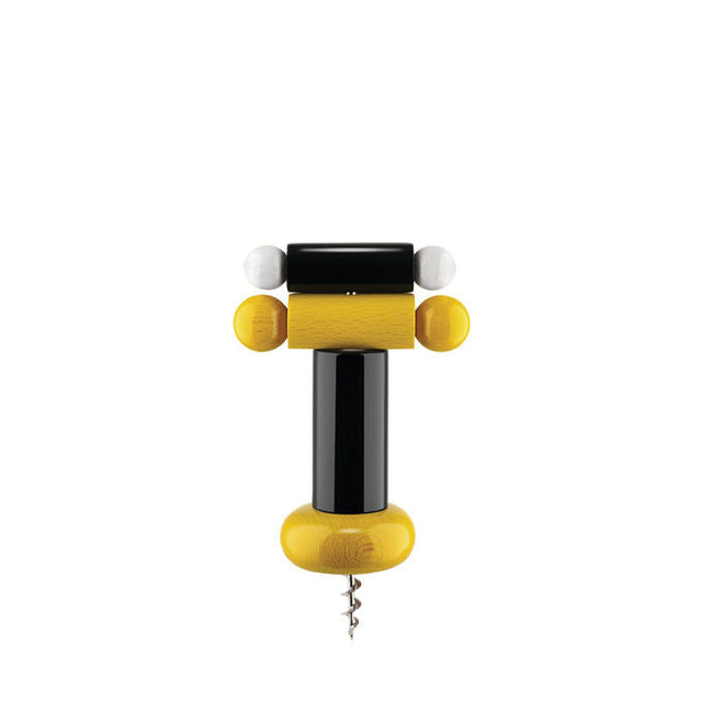 Alessi Korkenzieher Twergi ES17 in Schwarz, Gelb und Weiß, Design-Korkenzieher von Ettore Sottsass