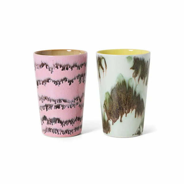 HKliving Teebecher 70s Ceramics Baroque 2er-Set – zwei große Teetassen ohne Henkel, rosa und mintgrün glasiert